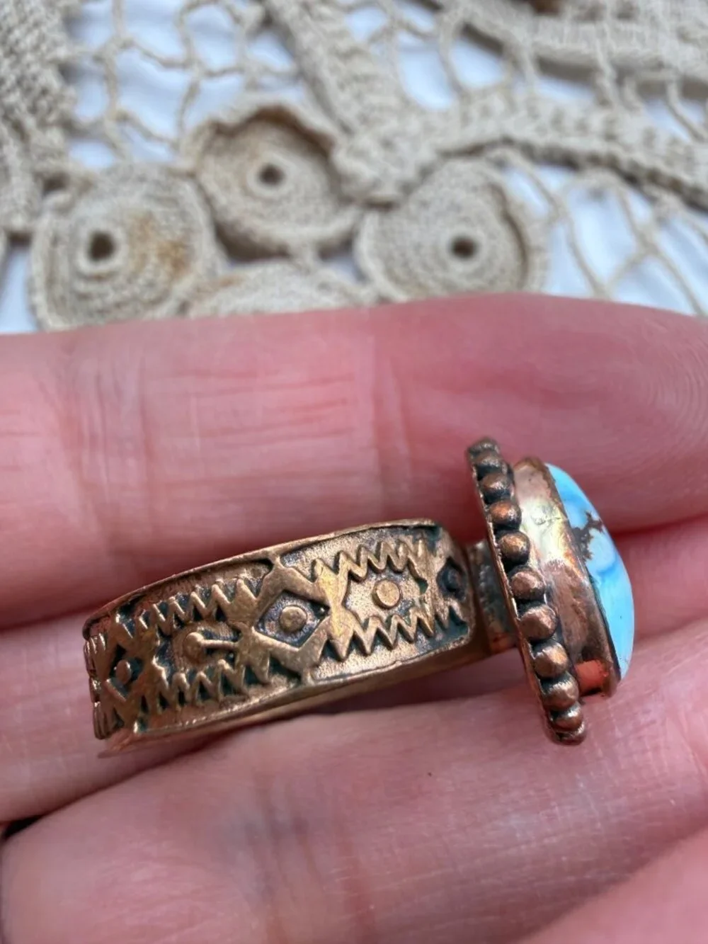 Artisan crafted Golden Hills Turquoise Copper Ring Etched Band Adj Southwest 5g